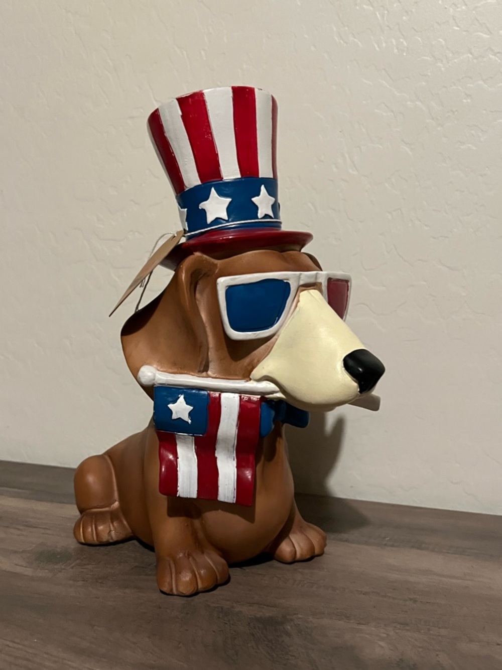 Patriotic Brown Doxie Dachshund Dog Statue with American Flag Hat & Glasses